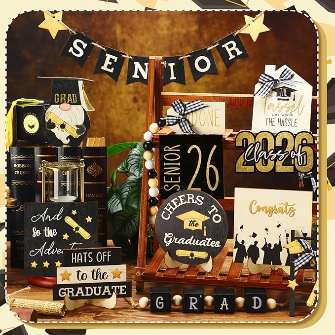 Mifoci 19 Pcs Graduation Tiered Tray Decor Set 2026 Graduation Farmhouse Wooden Sign Tray Decorative for Party Kitchen Table Centerpiece Supplies