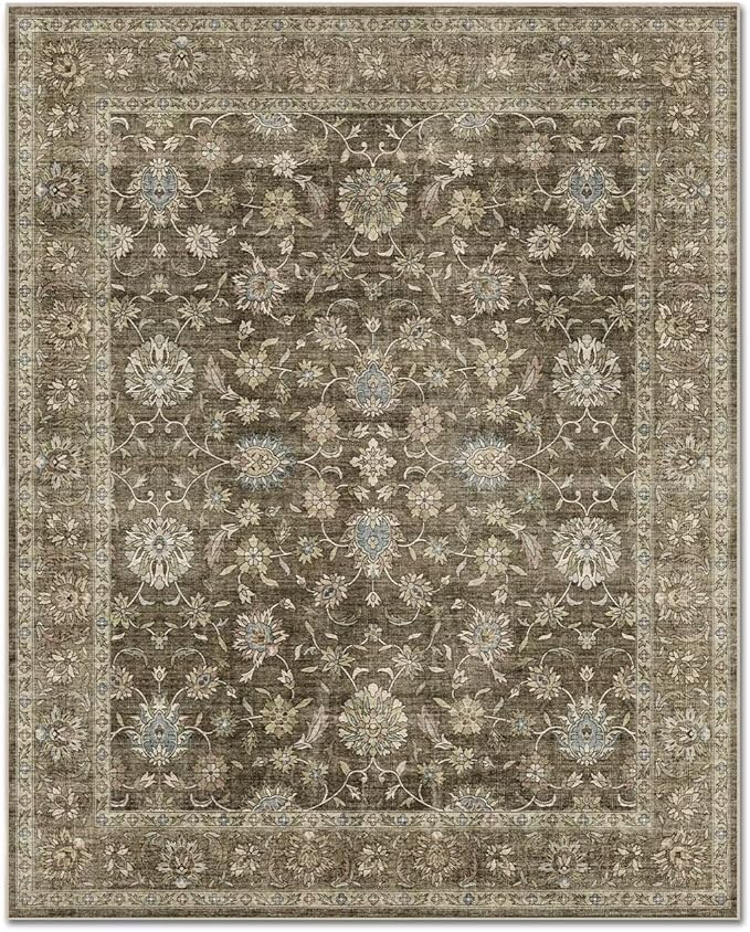 Washable 4x6 Rugs for Living Room, Boho Non-Slip Vintage Distress Small Rugs for Bedroom Nursery Office, 0.3" Neutral Oriental Throw Thin Carpet with Cushioning Pad, Tan/Flaxen/Multi