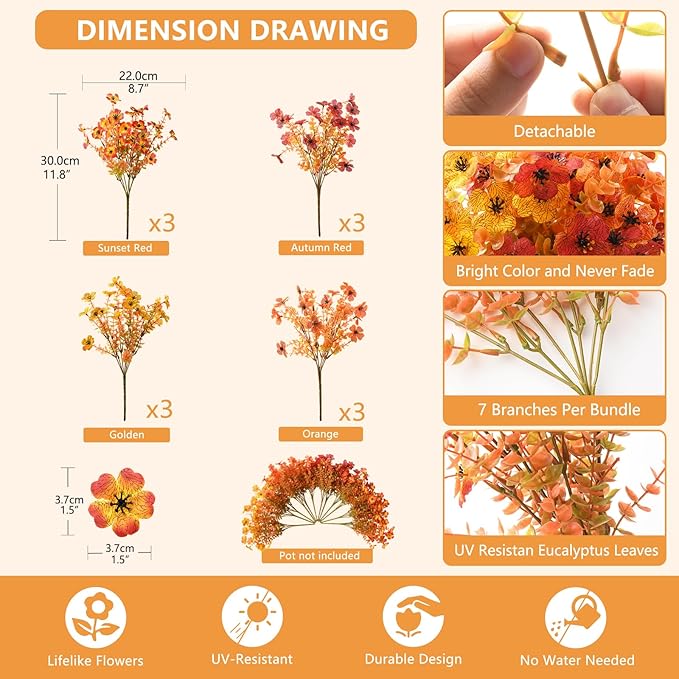 Artificial Fall Flowers for Outdoor, 12 Bundles 4 Colors Faux Mums Fake Fall Plants for Decoration, UV Resistant No Fade Silk Plastic Flower for Autumn Porch Patio Planters Windowbox Yard Garden