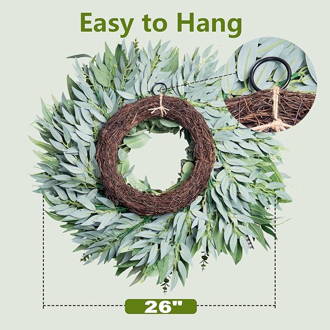 26 Inch Large Eucalyptus Wreath for Front Door Year Round, Spring Summer Greenery Farmhouse Wreath with Detachable Bow, Everyday Home Decor Used for Front Door Wall Porch
