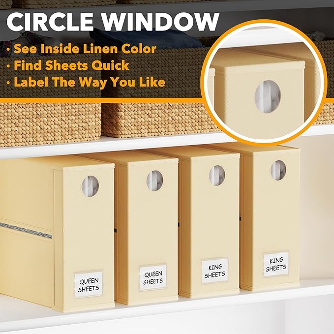 SpaceAid 4 Pack Bed Sheet Organizers and Storage, Foldable Sheet Organizer for Linen Closet, Sheets Set Folder Keeper with Window XL (Queen & King Size) Organizing Bedding Container, Beige