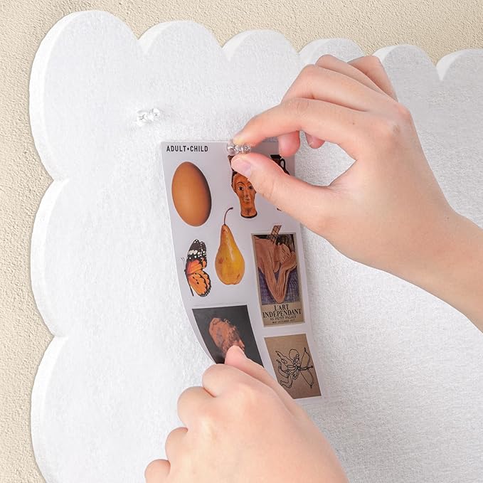 Lightomorrow Scalloped Bulletin Board, 24 x 18 Inches Felt Pin Board - Decorative Cork Alternative for Wall, Foldable Picture Self-Adhesive Vision Prayer Board with 20 Pushpins - White