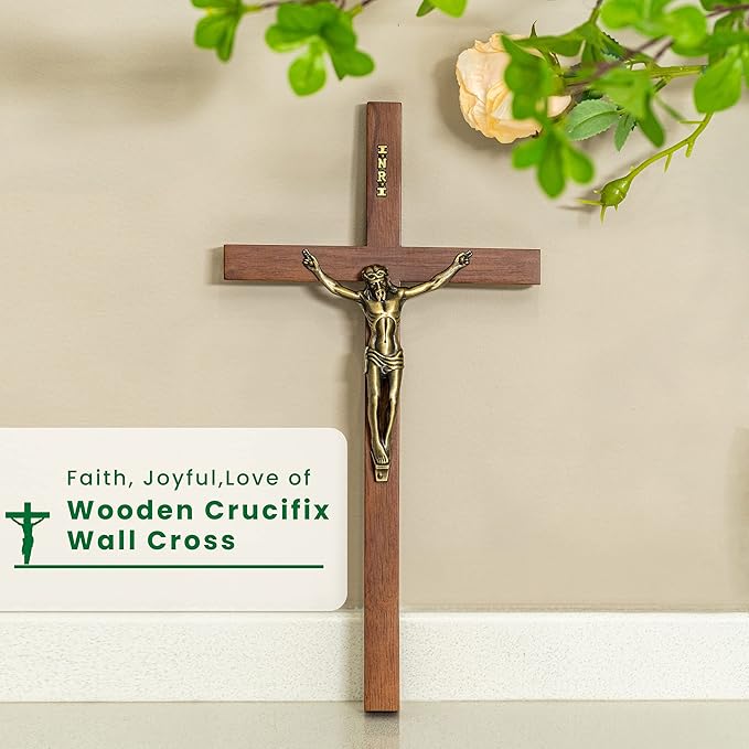 DCCXN Crucifix Wall Cross, Solid Wooden Catholic Jesus Christ Crosses for Home Decor - 12 Inch Oak + Antique Brass