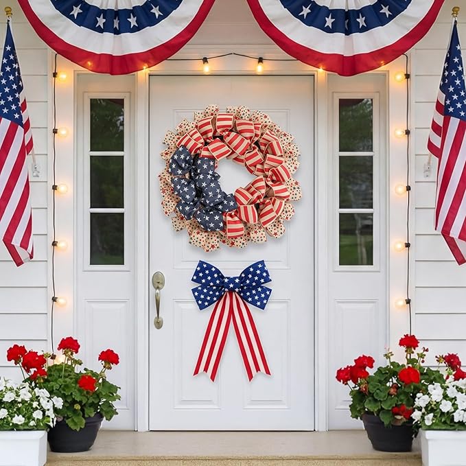 Patriotic Wreath for Front Door, 24 inch 4th of July Decorations Burlap Foldable Wreath for 250th Anniversary American Independence Day Memorial Day Decor