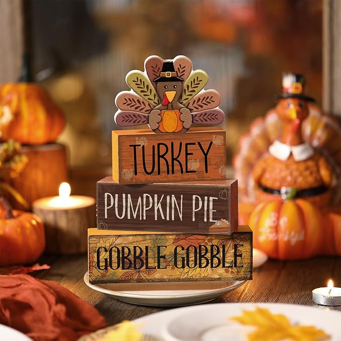 Lineshading 4 Pcs Thanksgiving Decorations for Home Wooden Turkey Decor Fall Tiered Tray Decor Thanksgiving Table Centerpiece Rustic Wooden Turkey Block Sign for Autumn Harvest Party Kitchen Shelf