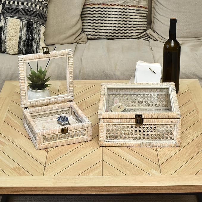 DECOR4SEASON Rattan and Cane Square Stacking Boxes with Glass Top Lid - Set of 2 for Boho, and Rustic Farmhouse Décor, White Wash