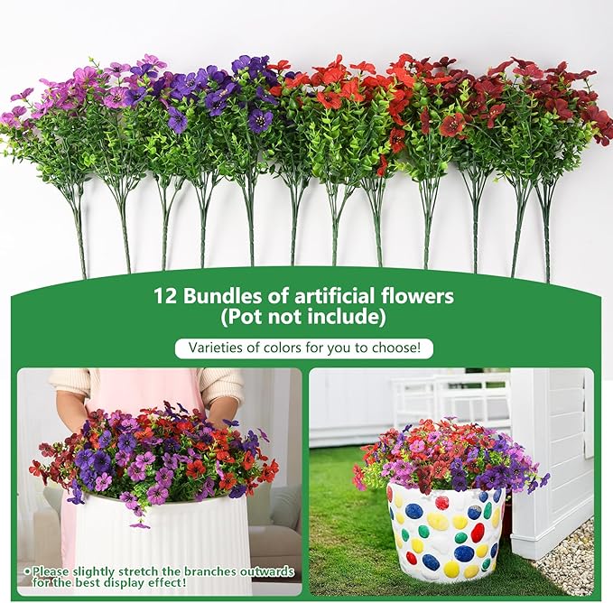 Homsunny Artificial Fake Flowers Plants Outdoors Spring Decor, Faux Flowers Silk Daisy Eucalyptus Plants UV Resisitant for Outside Planter Pot Front Porch Garden Patio Decoration(12 Bundles)