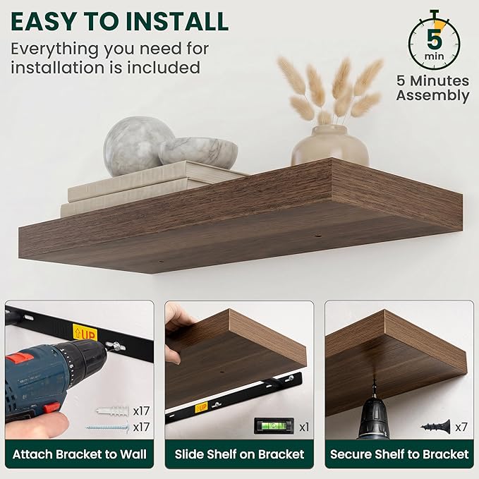 Floating Shelves for Wall 32 in x 9.3 in Deep, Wall Mounted Rustic Wood Shelf with Invisible Brackets for Storage & Display, Living Room Bedroom Bathroom, Walnut, 2 Pack