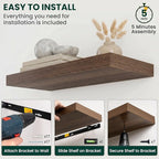 Floating Shelves for Wall 48 in x 9.3 in Deep, Wall Mounted Rustic Wood Shelf with Invisible Brackets for Storage & Display, Living Room Bedroom Bathroom, Walnut, 2 Pack