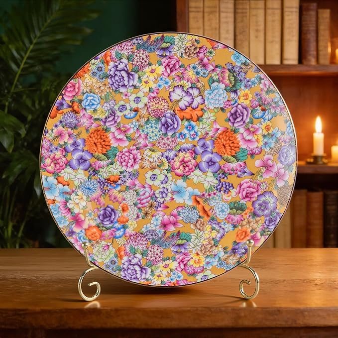 KAMMAK Decorative Plates Set for Display, Gold Ceramic Plate Decor with Stand，Handmade Vintage Flower Porcelain Ornament for Living Room, Kitchen, Office, Perfect Chinese Style Dish Gift (8in+10in)