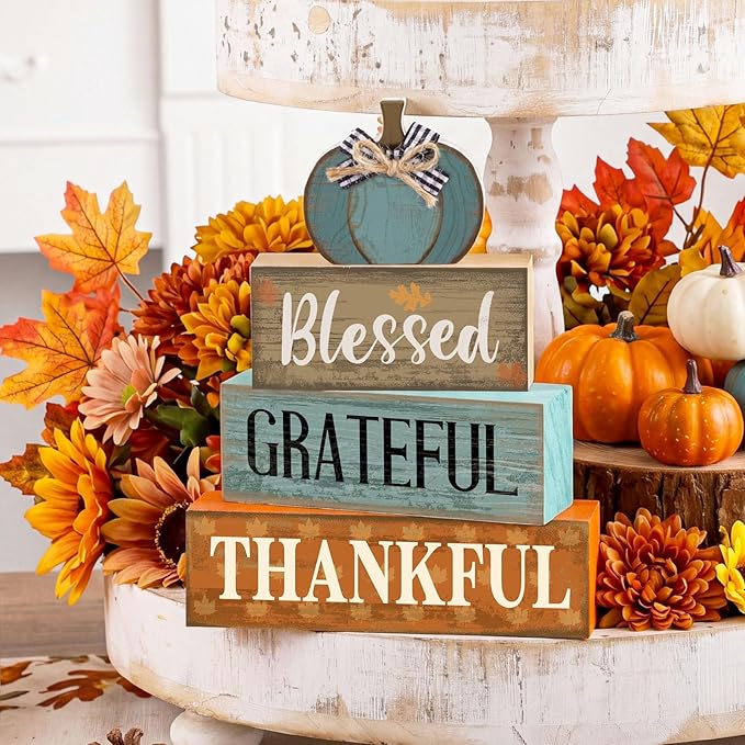 Lineshading 4 Pcs Fall Table Decoration for Home Wooden Blue Pumpkin Decor with Sunflowers Rustic Thanksgiving Tiered Tray Decor Autumn Centerpiece Decoration for Harvest Party Home Kitchen