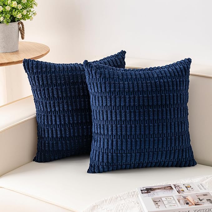 Aegero Pack of 2 Corduroy Decorative Throw Pillow Covers 24x24 Inch Soft Striped Pillow Covers Modern Farmhouse Home Decor for Sofa Living Room Couch Bed（Blue）