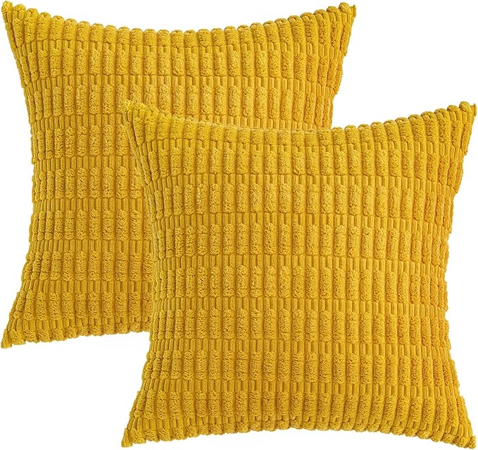 MIULEE Pack of 2 Corduroy Decorative Throw Pillow Covers 12x12 Inch Soft Boho Striped Pillow Covers Modern Farmhouse Home Decor for Summer Sofa Living Room Couch Bed Mustard Yellow