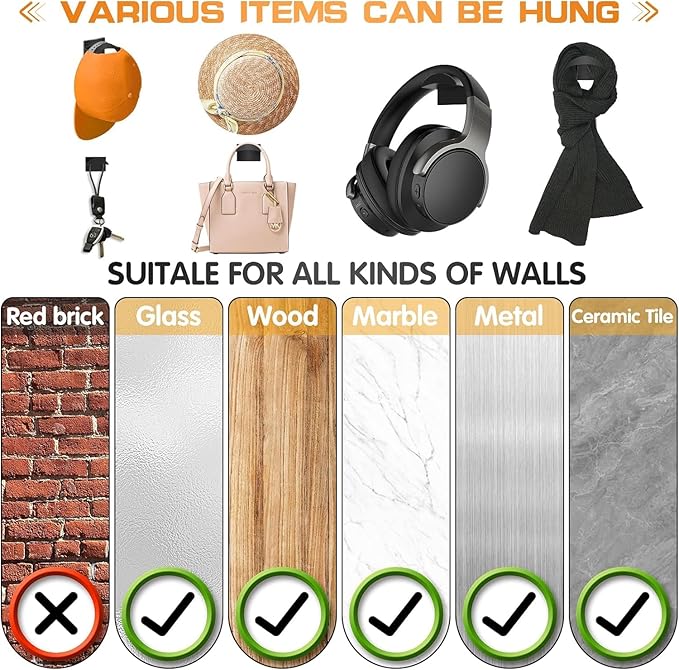 Adhesive Hat Hooks for Wall (16-Pack), Hat Rack for Baseball Caps, Minimalist Hat Display, Strong Hold Hat Hangers, No Drilling, Hat Holder Organizer for Wall (Black)