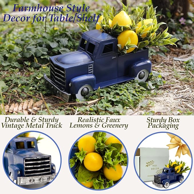 Navy Blue Metal Truck with Artificial Lemon Decor, Farmhouse Spring Summer Centerpiece for Kitchen and Dining Table, Small Ornament for Sidetable, Summer Theme Tiered Tray Decor, 8-inch…