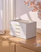 pickpiff Jewelry Box Organizer Case for Women: 4-Layer Jewelry Storage Case with Glass Window, Pure White Leather with Velvet Holder for Ring Necklace Bracelet Brooch Watch, Great Gift for Her