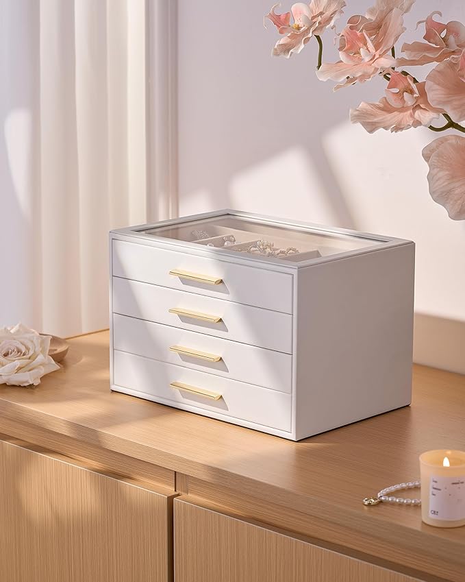 pickpiff Jewelry Box Organizer Case for Women: 4-Layer Jewelry Storage Case with Glass Window, Pure White Leather with Velvet Holder for Ring Necklace Bracelet Brooch Watch, Great Gift for Her