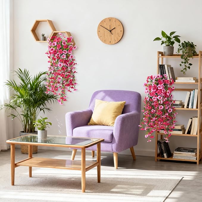 Artificial Hanging Flowers Plants for Outdoor Spring Summer Decoration, 2PCS Faux Silk Morning glory UV Resistant Look Real for Outside Home Indoor Planter Porch Garden Yard Decor(Rose Red Pink)