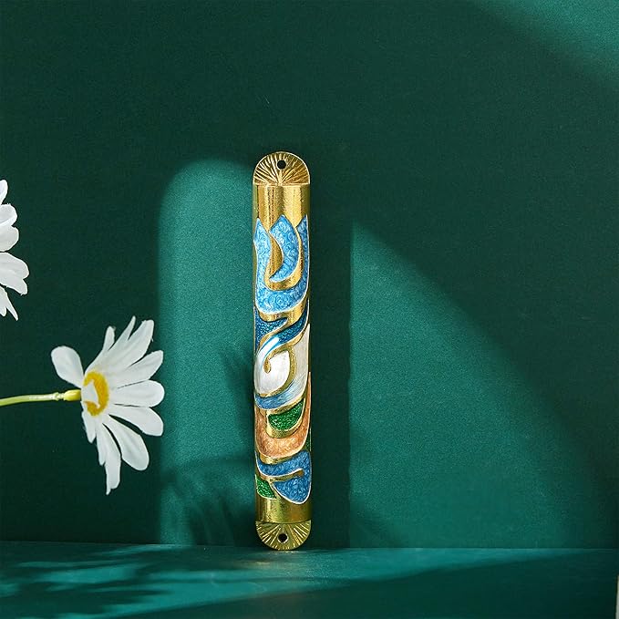 Matashi Gold Hand Painted Enamel 6 inch Mezuzah Embellished with Hebrew Shin Home Door Wall Decor Home Décor Jewish Holiday Housewarming Present House Blessing Gift for Holiday Festival