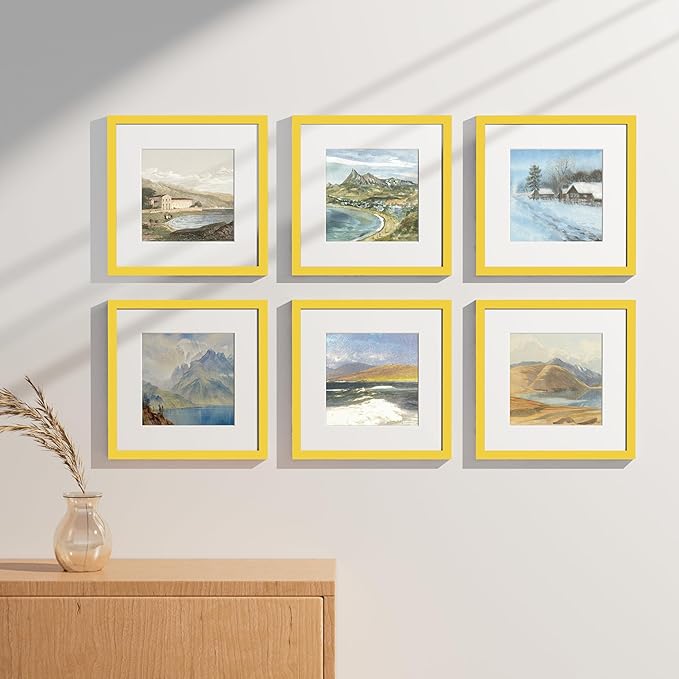 Vittanly 12x12 Picture Frames Set of 9, Shatter Resistant Plexiglass, Display 8x8 Pictures with Mat or 12x12 without Mat, Photo Frames for Wall Mount, Engineered Wood, Yellow