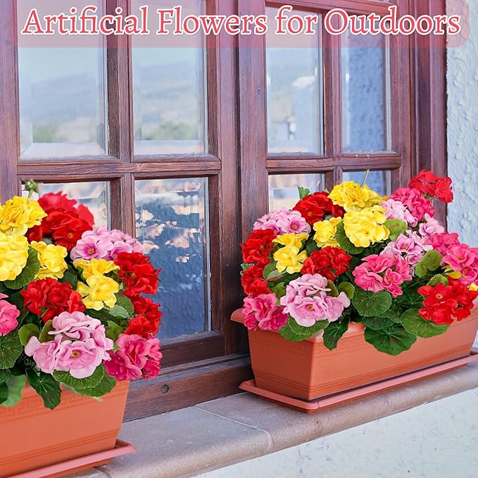 Artificial Geraniums Flowers for Outdoors Spring Decor, 4 Bundles UV Resistant Fake Geraniums Flowers Silk Faux Plants for Home Planter Gardens Table Patio Porch Indoor Cemetery Summer Decor(Color)