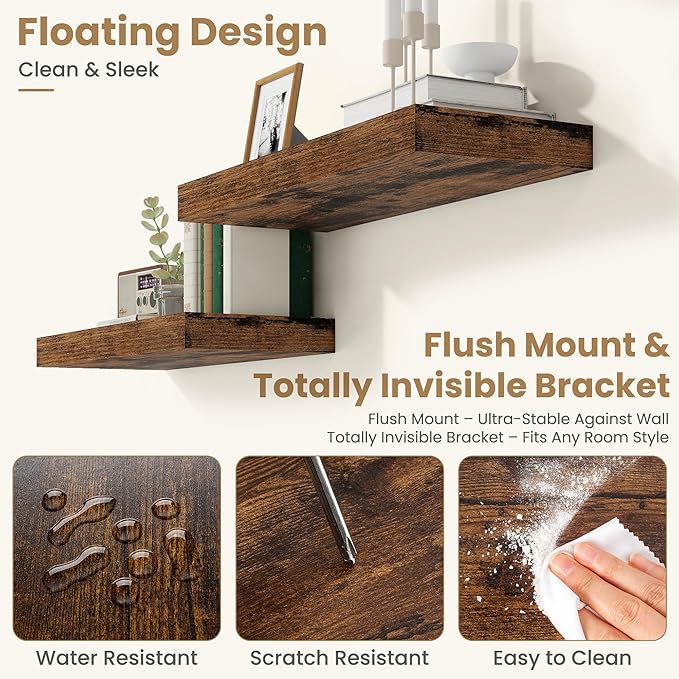 FLYJOE 24 Inch Long Floating Shelves for Wall Set of 2, 12" D Wood Grain Bathroom Shelves with Invisible Brackets, Easy Install Engineered Wood Storage Shelves for Kitchen, Living Room, Bedroom