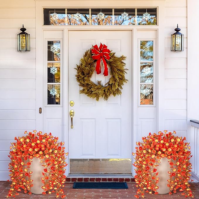 Artificial Fall Hanging Flowers for Decoration, 2pcs Long Vine Fake Flowers Plants Morning Glory, Realistic Faux Petunias for Planter Patio Porch Garden Autumn Outdoors Dec, Orange Sunset