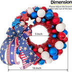 HipTree 16 Inch Patriotic Ball Wreath for Front Door with Lights, 4th of July Wreath with Red White Blue Stars & Ribbon for Memorial Day, Independence Day,Veterans Day, Flag Day,Summer Decorations