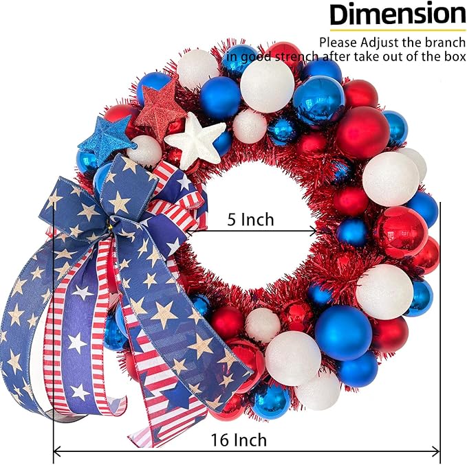 HipTree 16 Inch Patriotic Ball Wreath for Front Door with Lights, 4th of July Wreath with Red White Blue Stars & Ribbon for Memorial Day, Independence Day,Veterans Day, Flag Day,Summer Decorations