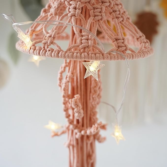 Macrame Wall Hanging,Jellyfish Dream Catcher with Star Lights,Bohemian Woven Wall Art Decor Beautiful Apartment Dorm Room Door Decoration (Pink)
