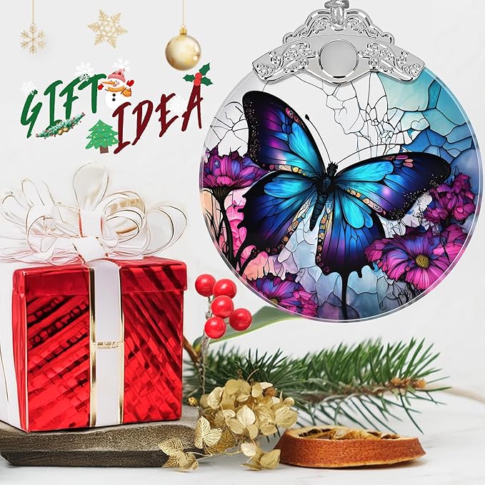 Stained Glass Suncatcher Ornament - Butterfly Christmas Decorations - Christmas Ornaments for Tree - Holiday Present Ideas - Gift Exchange