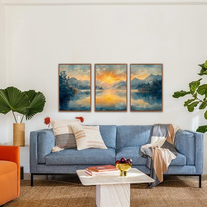 KAlRNE Landscape Wall Art Set of 3(24”X36”),Abstract Nature Wall Decor,Blue Forests Lake Canvas Paintings,Framed Watercolor Sunset Mountains Prints For Living Room Bedroom Office Decoration