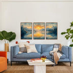 KAlRNE Landscape Wall Art Set of 3(24”X36”),Abstract Nature Wall Decor,Blue Forests Lake Canvas Paintings,Framed Watercolor Sunset Mountains Prints For Living Room Bedroom Office Decoration