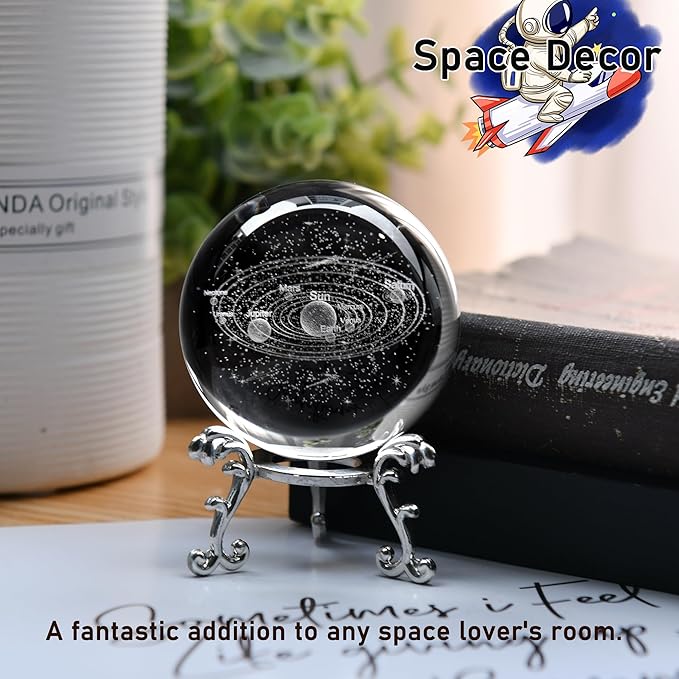 IFOLAINA 3D Solar System Crystal Ball 60mm Laser Engraved Glass Sphere Home Decor with Stand Solar System Planet Model Decor Space Universe Gifts for Astronomy Lovers