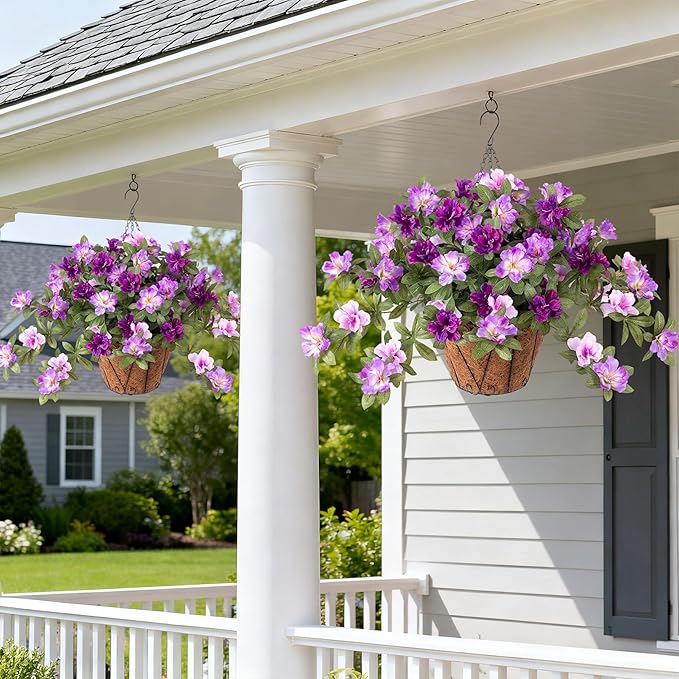 Artificial Hanging Flowers for Outdoors Hanging Baskets, 3 Pcs Fake Silk Flower with Hanging Baskets Planter for Spring Summer Garden Porch Patio Yard Outside Decor