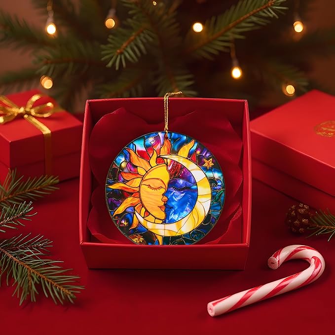 Sun and Moon Christmas Ornaments Decorative Ornament Round Acrylic Stained Glass Effect Window Hanging for Celestial Decor Moon Decor Sun Decor Sun, Hanging Tree Thanksgiving Gifts
