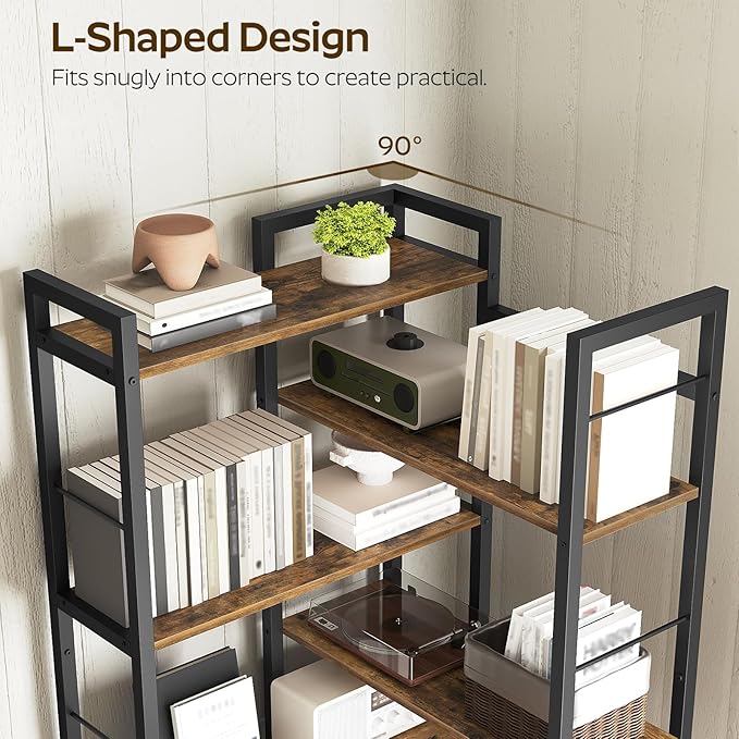 YATINEY Corner Bookshelf, 7 Tier L-Shaped Bookcase with 3 Drawers, Storage Corner Shelf, Freestanding Tall Display Shelf, Industrial Style, for Living Room, Home Office, Rustic Brown and Black SJ10BR