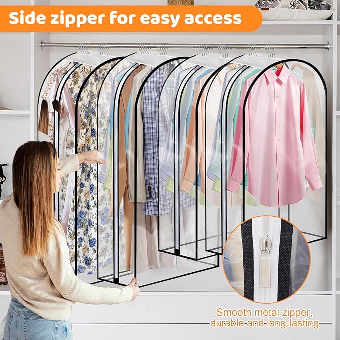 4 Pack Full Clear Garment Bags with Side Zipper, 40&60" Clothes Covers with 10" Gusset, Transparent Hanging Suit & Coat Covers for Closet Storage, Jackets, Dresses, Windbreakers