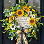 Spring Wreaths for Front Door 24 Inch Handmade Spring Summer Wreath with Artificial Sunflowers,Welcome Message Sign & Elegant Bow and White Yellow Daisy Wildflowers for Home,Porch&Gift Giving