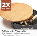 Ashtray with Lid for Outside Patio, 2 Pack Windproof Ash Tray, Black Stainless Steel Smokeless Ashtray for Outdoor Home Office Tabletop Patio Outdoor Balcony, Meidium