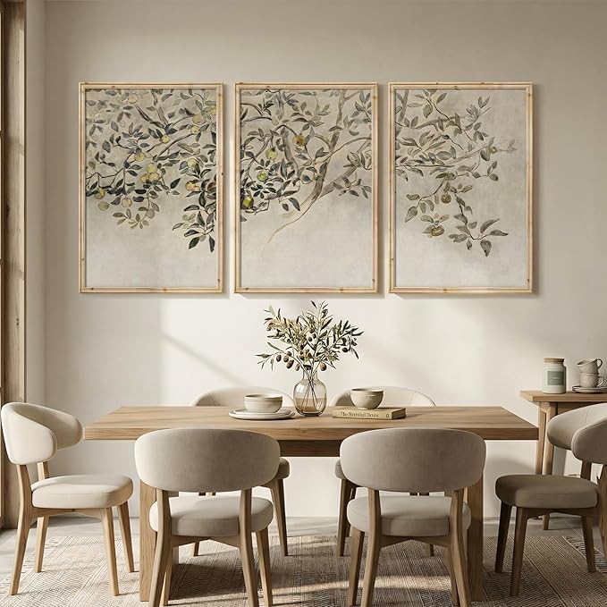 Large Vintage Framed Botanical Wall Art for Living Room, 3 Piece Rustic Neutral Fruit Tree Canvas Prints Artwork for Walls, Modern Farmhouse Leaf Wall Decor for Bedroom Dining Room Office, 24x36 Inch