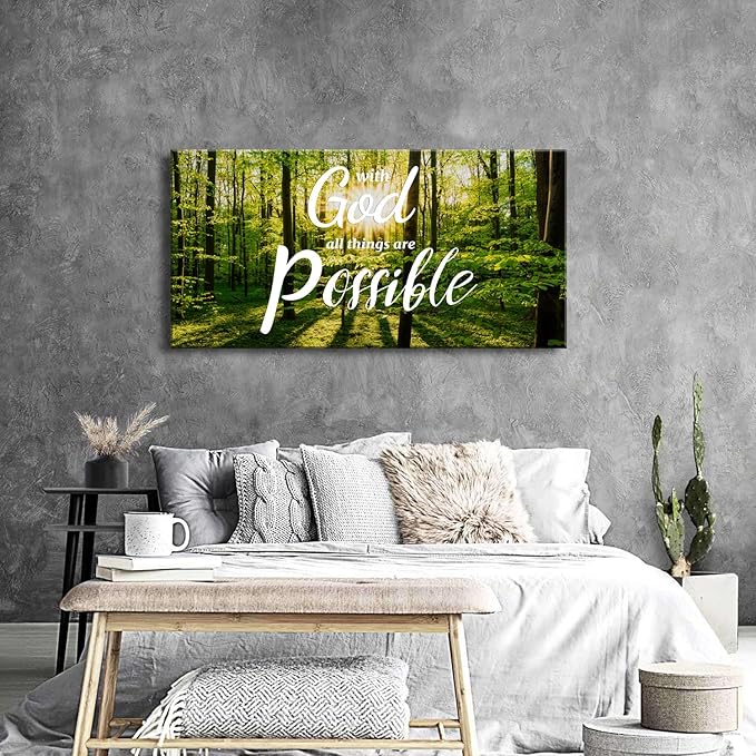 Christian Wall Art Nature Forest Pictures Wall Decor With God All Things are Possible Sign Canvas Prints Bible Scripture Poster Nature Religious Artwork for Living Room Bedroom Home Decoration 24x48"