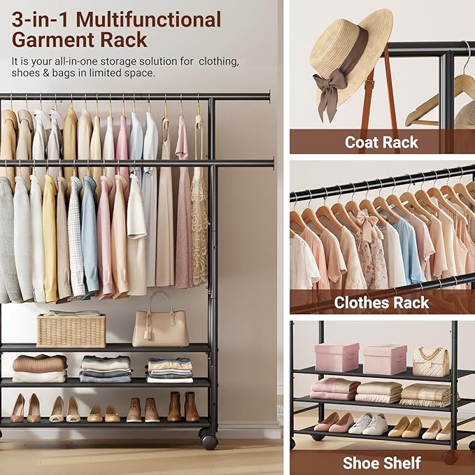 SLEEPING LAMB 44" Double Rods Clothes Rack for Hanging Clothes, Sturdy Wardrobe Clothing Rack with 3 Tier Shelves, Portable Rolling Garment Rack With Wheels for Bedroom, Laundry Living Room, Black