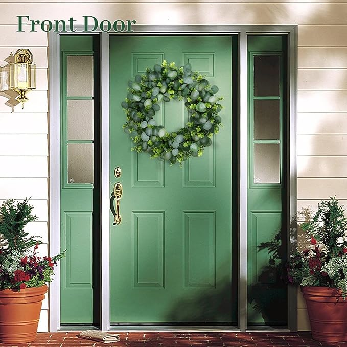 22Inch Eucalyptus Wreath for Front Door, Eucalyptus Wreath with Boxwood Leaves for All Seasons Christmas Spring Summer Year Round Wreaths for Front Door Indoor Outdoor Wedding Holiday