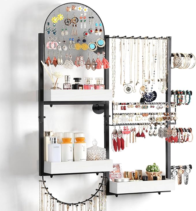 Keebofly Wall Mount Hanging Jewelry Organizer - Large Display Holder for Earrings, Rings, Necklaces, Bracelets, Watches and Perfume - White
