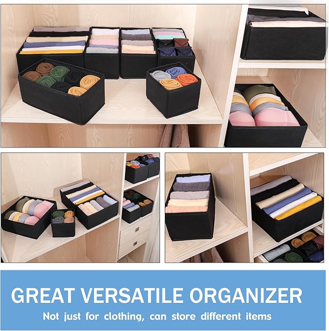 Pomety Foldable Drawer Underwear Drawer Organizer Foldable Dresser Clothes Storage Box Dresser Drawer Divider Organizers Bins for Clothes, Underwear,Socks, 7 Pack （Black）