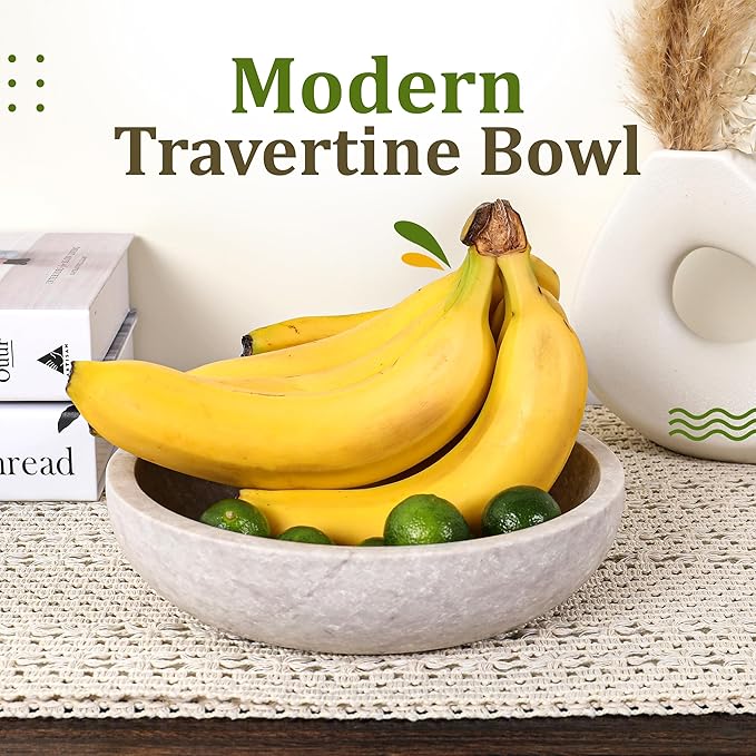 FNTSTICGOODS Travertine Decorative Bowl - 7.8” Diameter & 2” Height - Key Bowl for Entryway Table - Organic Modern Centerpiece - White/Gray