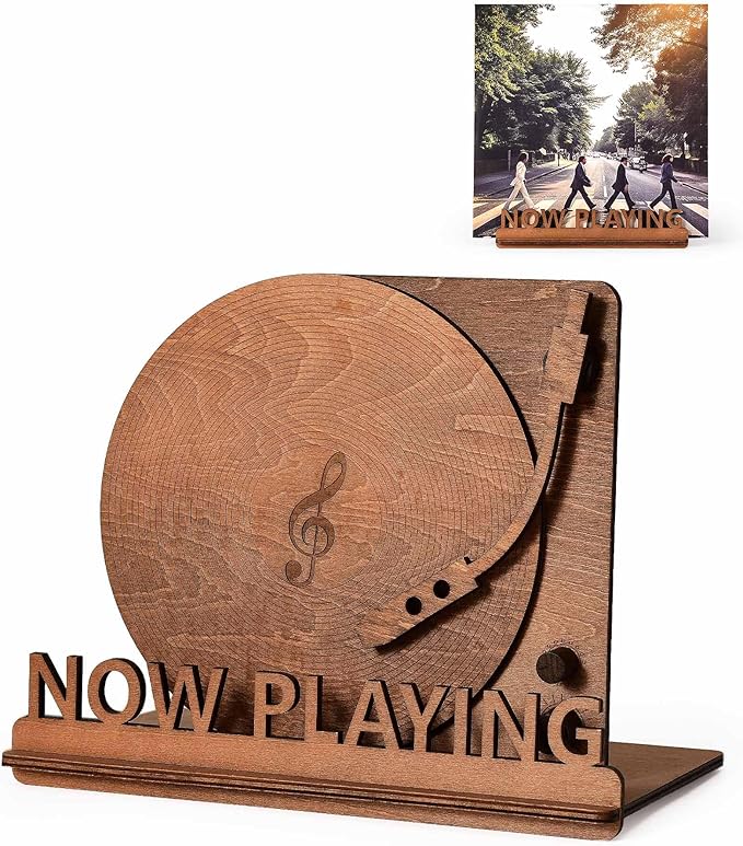 BS-VOG Now Playing Vinyl Record Stand, Tabletop Wooden Record Holder, Now Spinning Vinyl Stand Storage for Albums Magazine, Vintage Album Display Organizer Rack for LP Enthusiast