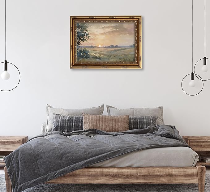 Vintage Gold Framed Wall Art Retro Fall Sunset Country Oil Painting Canvas Prints Watercolor Autumn Landscape Picture Rustic Farmhouse Soft Nature Poster Artwork for Living Room Bedroom, 9x11in