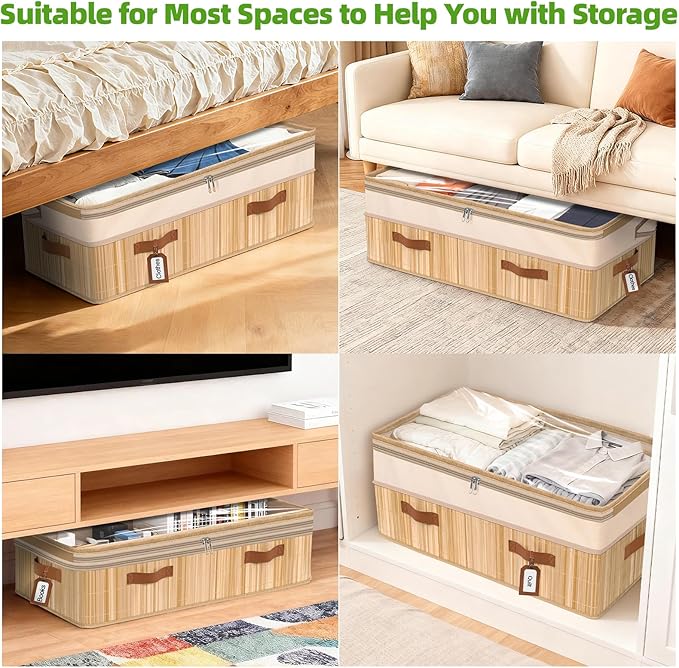 Livole Bamboo Under Bed Storage, 6-10 inches Height Adjustable Underbed Storage Containers, 92L XXXL Large Under Bed Storage Bins with Clear Lid & Label for Clothes, Blankets, Sweater, Shoes, 1 Pack